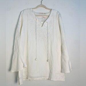 Soft Surroundings Pullover Blouse Womens Sz 1X Ivory Embroidered Beaded Tunic